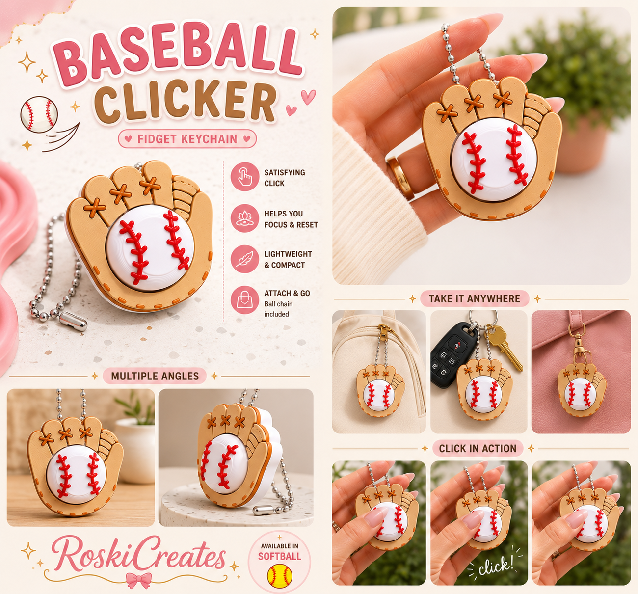 Baseball Fidget Clicker Keychain
