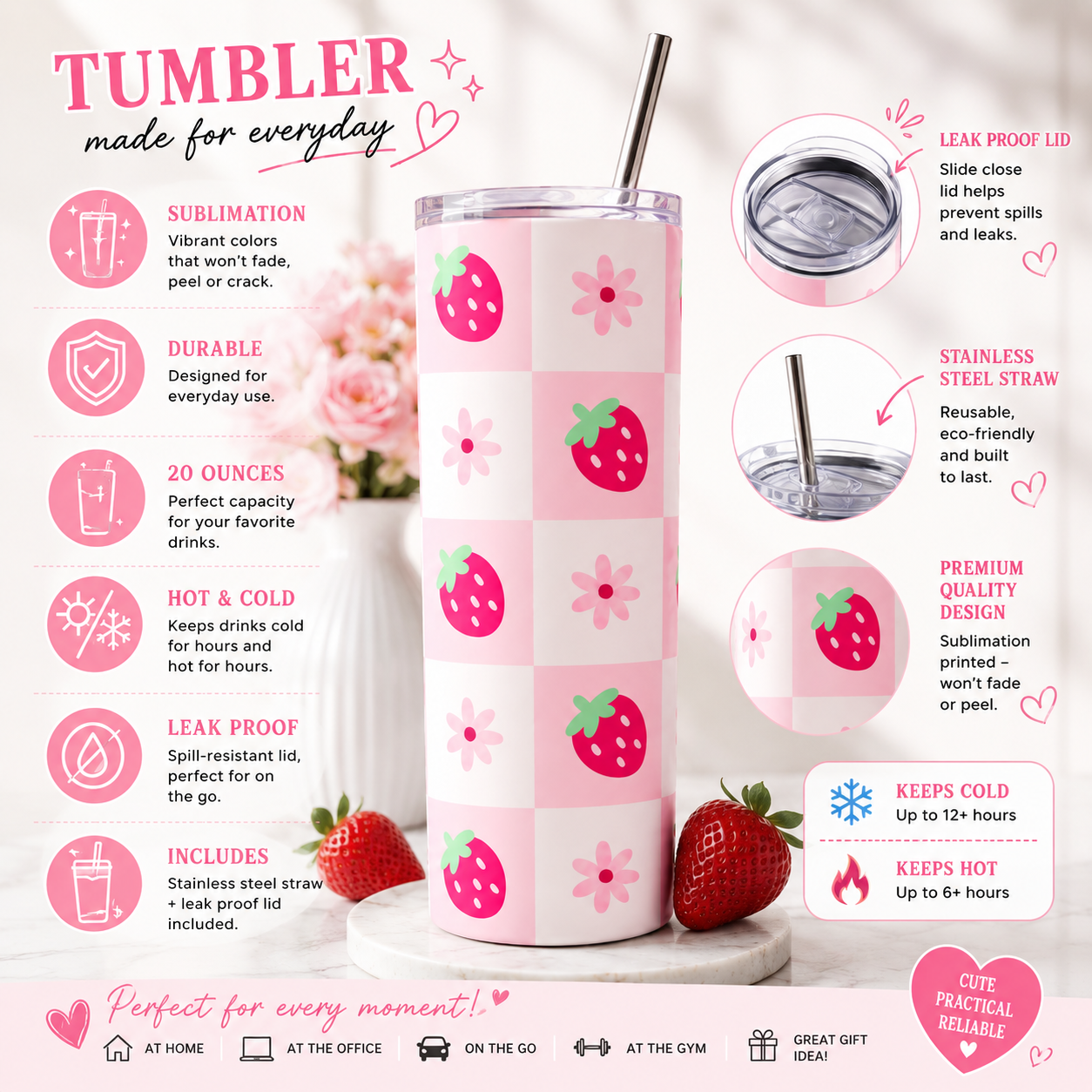 Strawberry checkered skinny tumbler 20oz