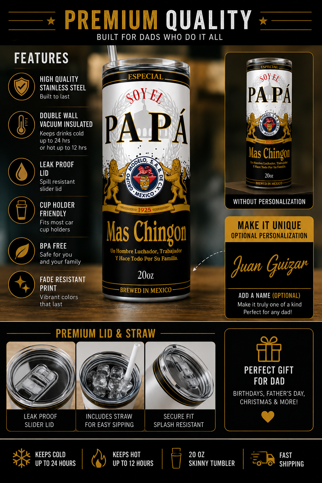 Papa mas chingon latinos tumbler 20oz, Custom Name Father's Day Gift
