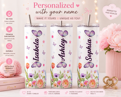Personalized Butterfly Floral 20oz Skinny Tumbler, Custom Name Girly Cup