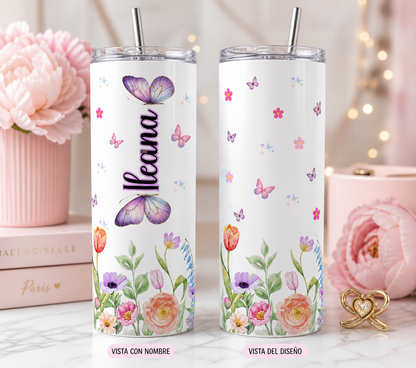 Personalized Butterfly Floral 20oz Skinny Tumbler, Custom Name Girly Cup