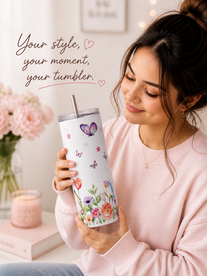 Personalized Butterfly Floral 20oz Skinny Tumbler, Custom Name Girly Cup