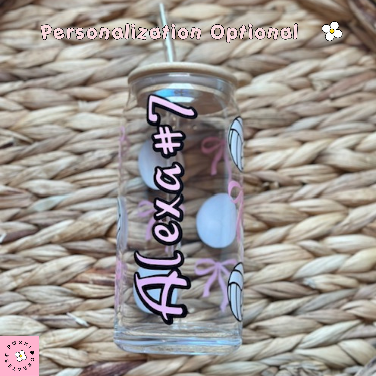 Coquette Volleyball girly glass cup perfect for any drinks hot or cold 16oz resistant glass pink lid sports girls with glitter straw