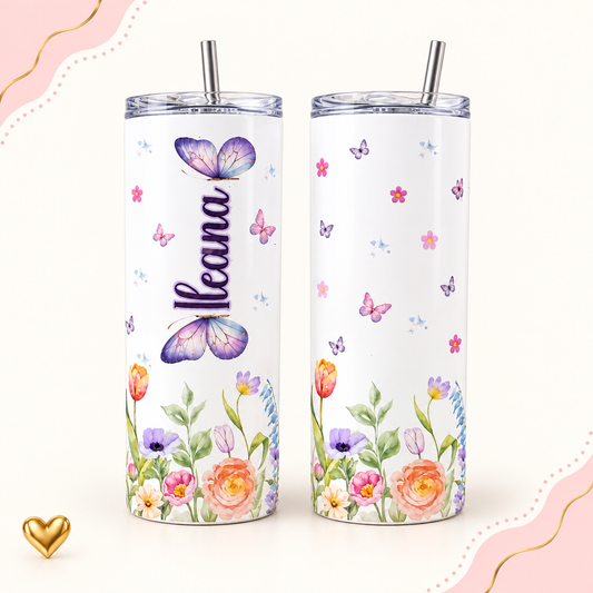 Personalized Butterfly Floral 20oz Skinny Tumbler, Custom Name Girly Cup