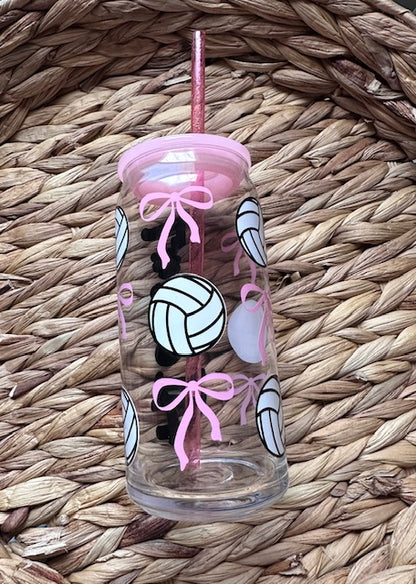 Coquette Volleyball girly glass cup perfect for any drinks hot or cold 16oz resistant glass pink lid sports girls with glitter straw
