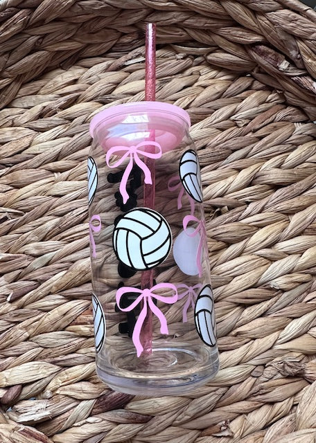 Coquette Volleyball girly glass cup perfect for any drinks hot or cold 16oz resistant glass pink lid sports girls with glitter straw
