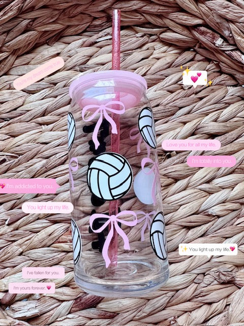 Coquette Volleyball girly glass cup perfect for any drinks hot or cold 16oz resistant glass pink lid sports girls with glitter straw