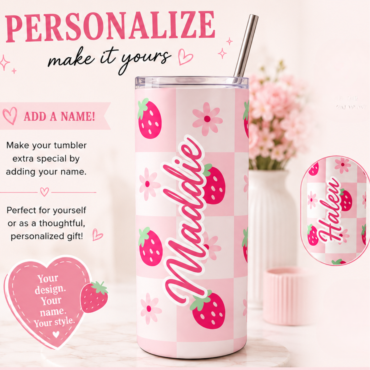 Strawberry checkered skinny tumbler 20oz