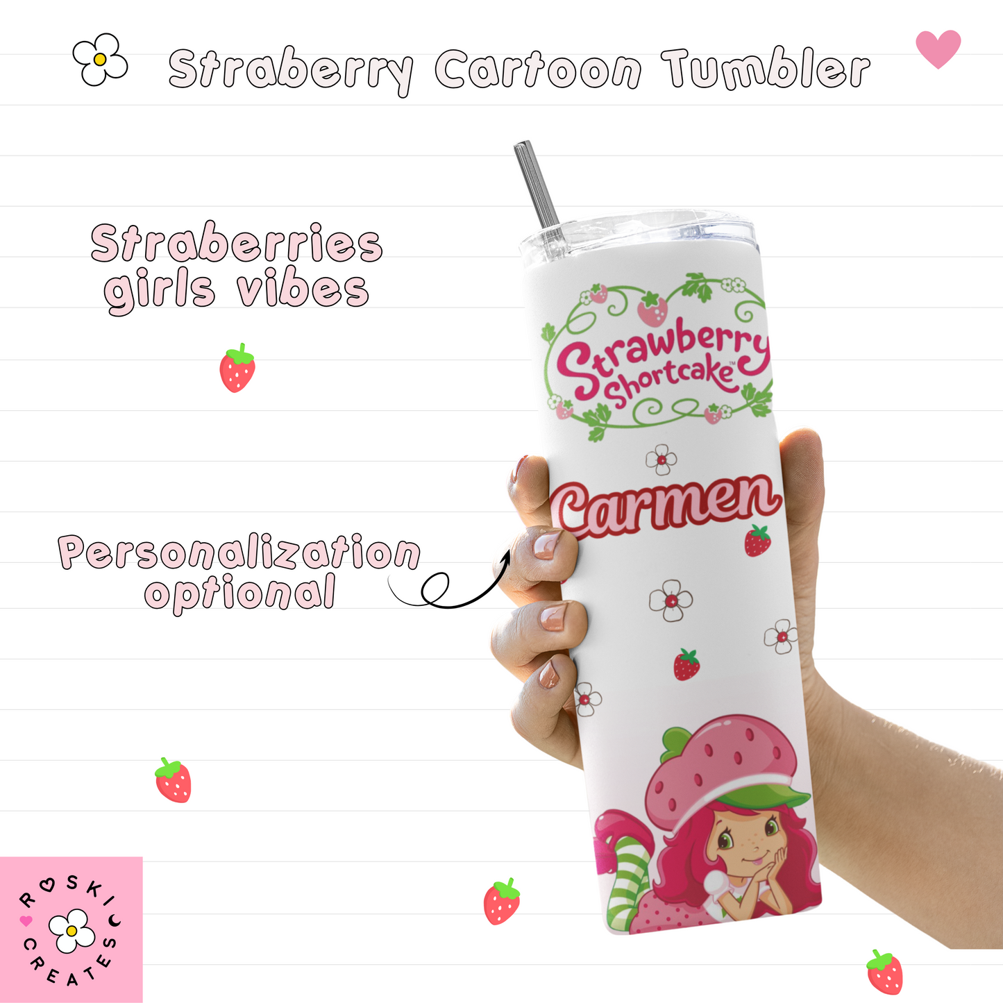 Strawberry Cartoon Tumbler, Girly Kawaii Water Bottle