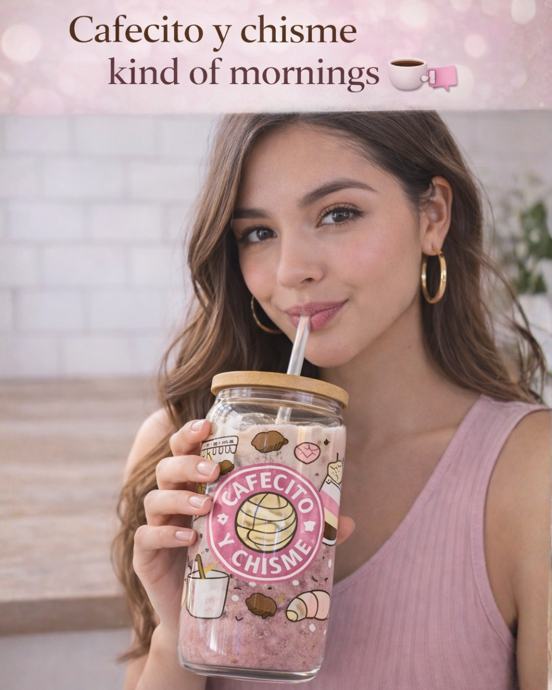 Cafesito y Chisme Latinas Girl Cup 16oz, pink design, Latinas Coffee lovers, Caffeine Addicted