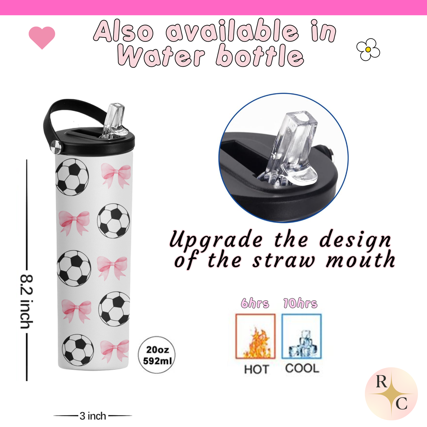Soccer Tumbler 20oz for Girls – Coquette Style, Personalized Name Option, Stainless Steel Sublimation Cup, Cute Gift for Soccer Players