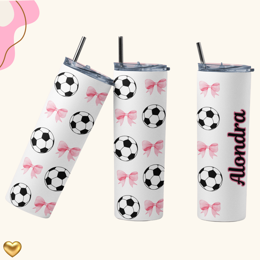 Soccer Tumbler 20oz for Girls – Coquette Style, Personalized Name Option, Stainless Steel Sublimation Cup, Cute Gift for Soccer Players