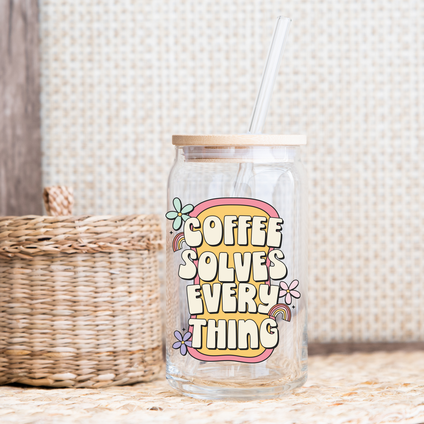 Coffee Solves Everything glass cup 16oz.