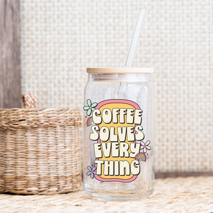 Coffee Solves Everything glass cup 16oz.