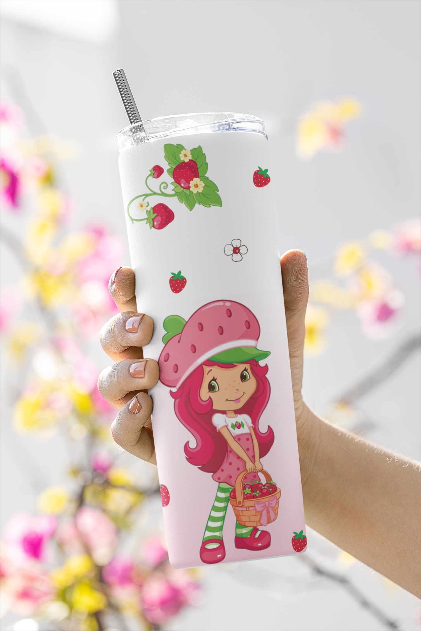 Strawberry Cartoon Tumbler, Girly Kawaii Water Bottle