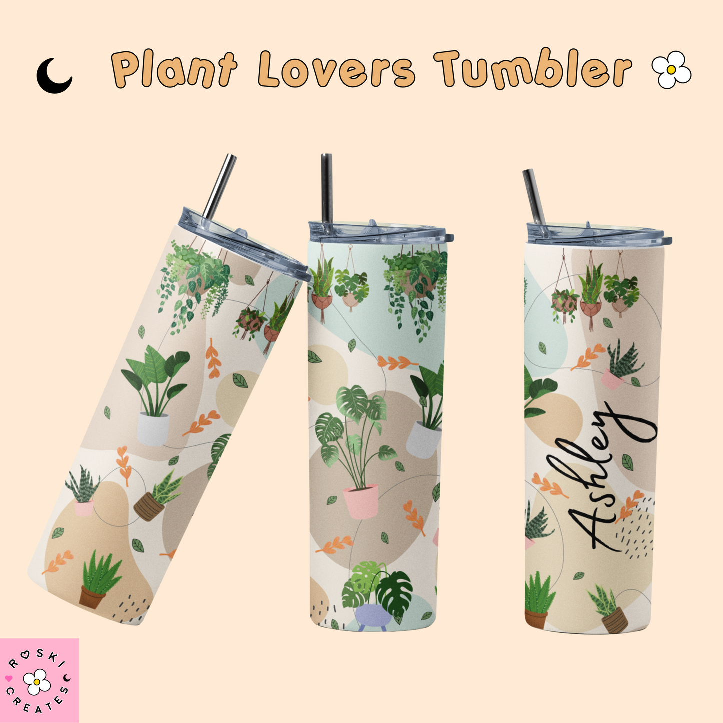 Plant Lover Tumbler 20oz – Personalized Botanical Cup with Custom Name, No-Fade Sublimation, Insulated Stainless Steel, Perfect Gift for Plant Moms & Aesthetic Plant Lovers