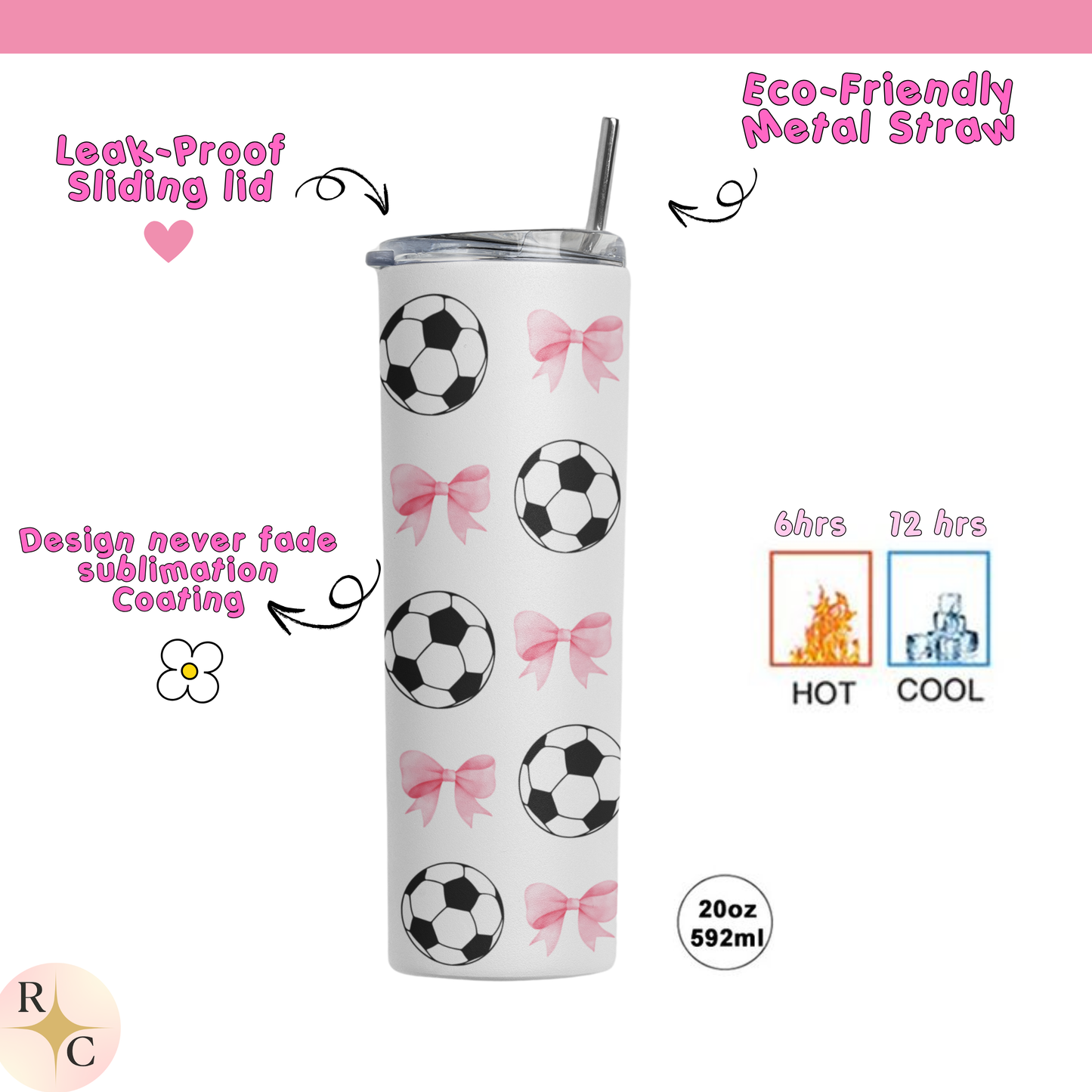 Soccer Tumbler 20oz for Girls – Coquette Style, Personalized Name Option, Stainless Steel Sublimation Cup, Cute Gift for Soccer Players
