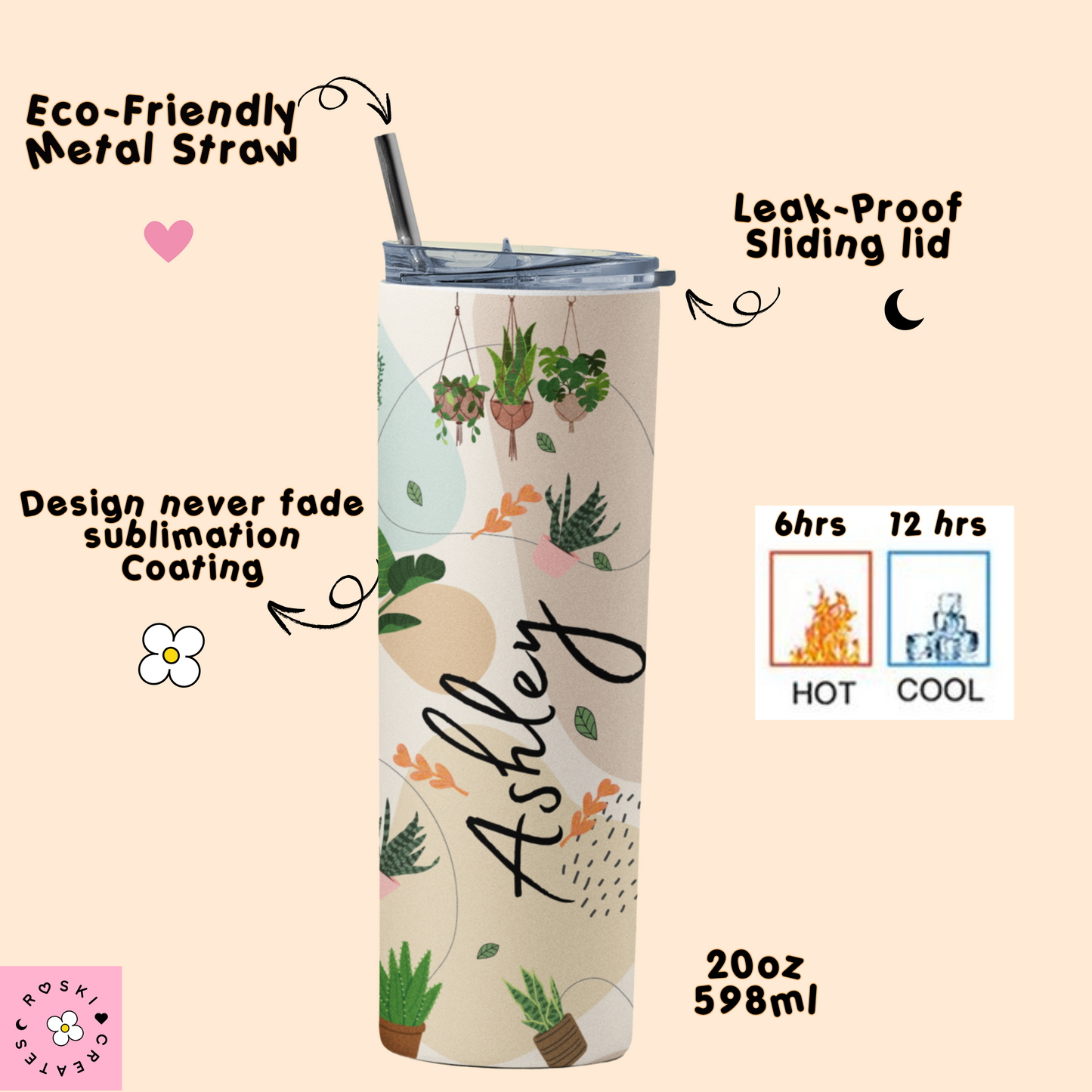 Plant Lover Tumbler 20oz – Personalized Botanical Cup with Custom Name, No-Fade Sublimation, Insulated Stainless Steel, Perfect Gift for Plant Moms & Aesthetic Plant Lovers