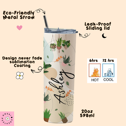 Plant Lover Tumbler 20oz – Personalized Botanical Cup with Custom Name, No-Fade Sublimation, Insulated Stainless Steel, Perfect Gift for Plant Moms & Aesthetic Plant Lovers