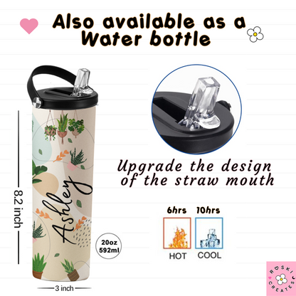 Plant Lover Tumbler 20oz – Personalized Botanical Cup with Custom Name, No-Fade Sublimation, Insulated Stainless Steel, Perfect Gift for Plant Moms & Aesthetic Plant Lovers