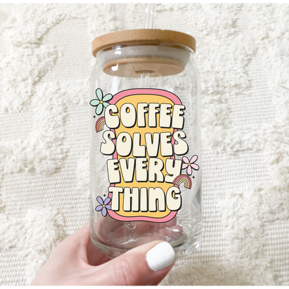 Coffee Solves Everything glass cup 16oz.