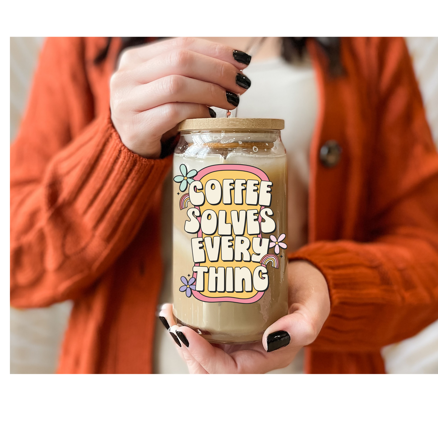 Coffee Solves Everything glass cup 16oz.