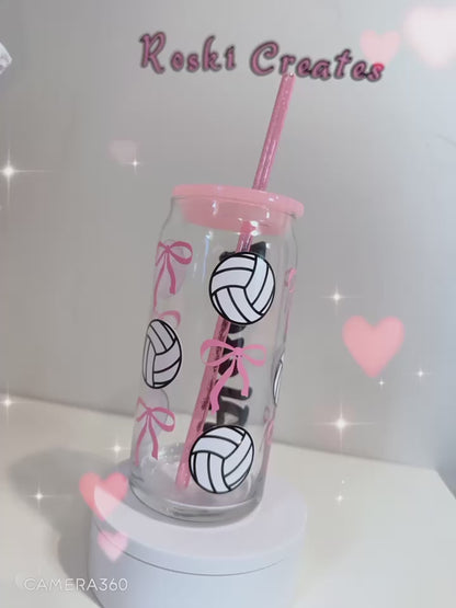 Coquette Volleyball girly glass cup perfect for any drinks hot or cold 16oz resistant glass pink lid sports girls with glitter straw