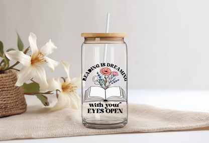 Reading Dreaming Glass cup, Book lovers gift.