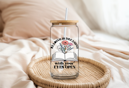 Reading Dreaming Glass cup, Book lovers gift.