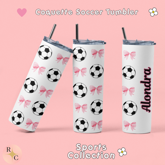 Soccer Tumbler 20oz for Girls – Coquette Style, Personalized Name Option, Stainless Steel Sublimation Cup, Cute Gift for Soccer Players