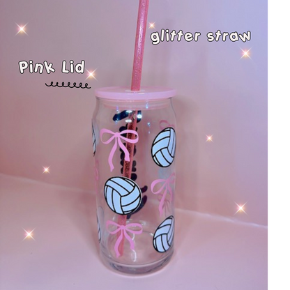 Coquette Volleyball girly glass cup perfect for any drinks hot or cold 16oz resistant glass pink lid sports girls with glitter straw